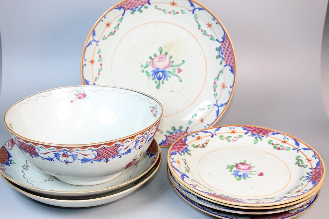Group of Chinese Export Famille Rose Porcelain Dishes and a Bowl: Group of Chinese Export Famille Rose Porcelain Dishes and a Bowl. Diam 10.75". H of bowl 4".