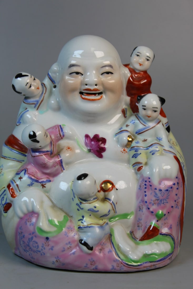 Chinese Famille Rose Porcelain Laughing Buddha Statue: Chinese Famille Rose Porcelain Laughing Buddha Statue. H 6.5".