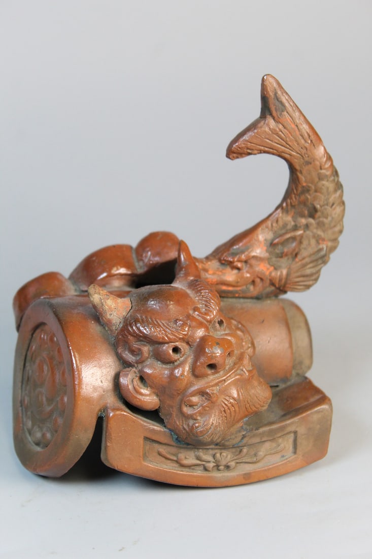 Japanese Glazed Pottery Roof Tile: Japanese Glazed Pottery Roof Tile. H 5.25".