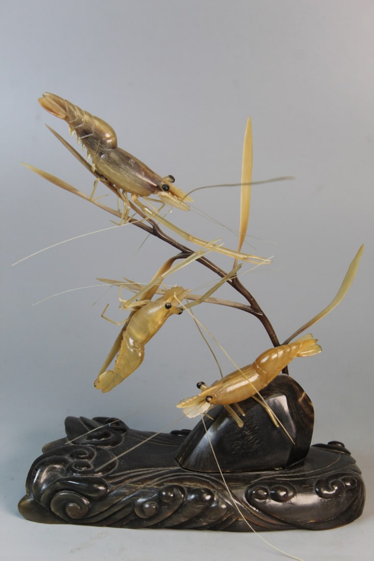 Chinese Carved Ox Horn Shrimp Statue: Chinese Carved Ox Horn Shrimp Statue. H 7".