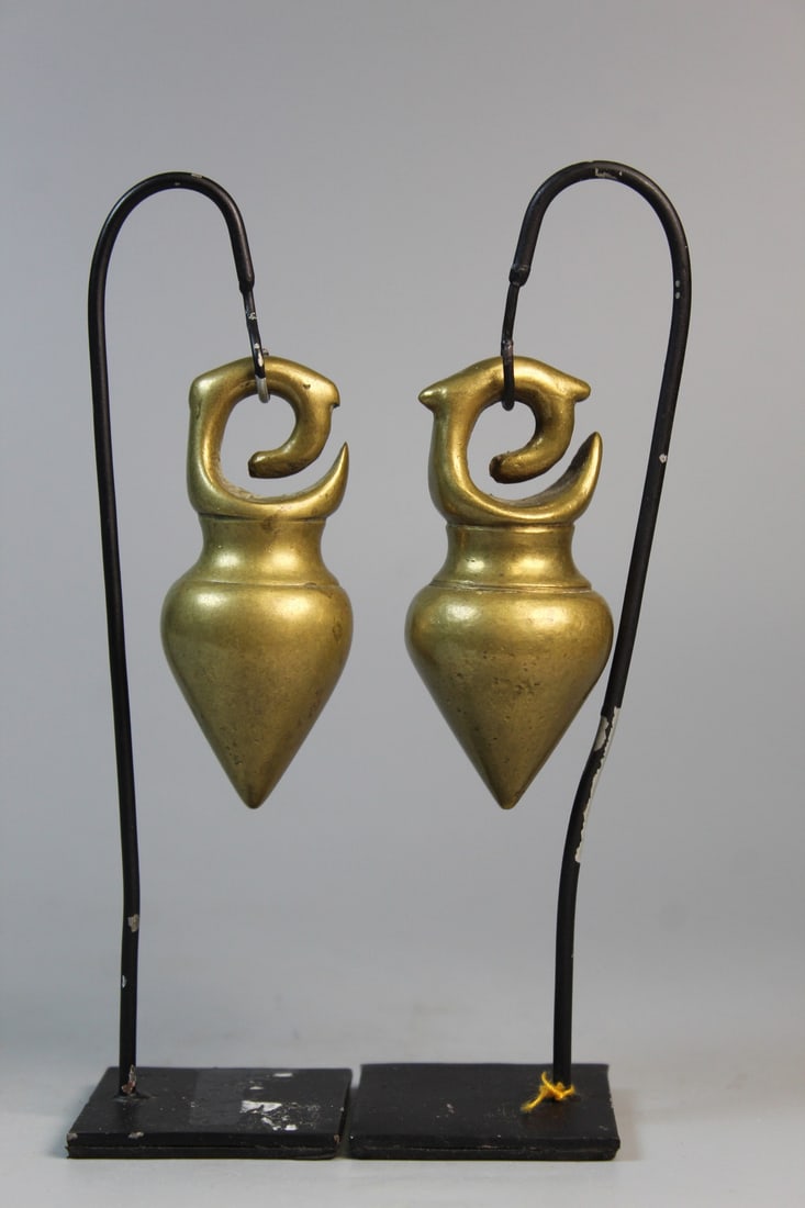 Pair of Antique Southeast Asian Brass Ear Pendants: Pair of Antique Southeast Asian Brass Ear Pendants. 19th C. L 3".