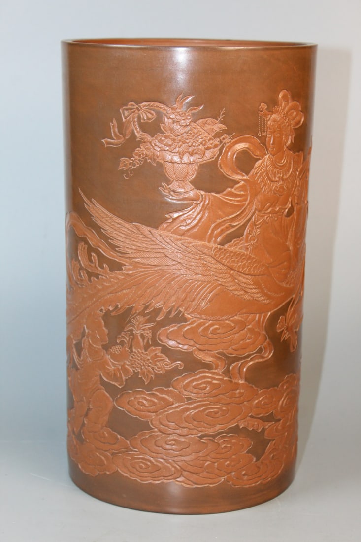 Chines Carved Pottery Brush Pot: Chines Carved Pottery Brush Pot. H 11". As Is.