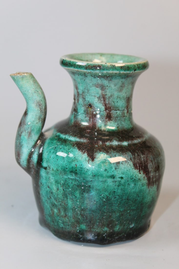 Chinese Antique Green Glazed Wine Pot: Chinese Antique Green Glazed Wine Pot. H 4". As Is.