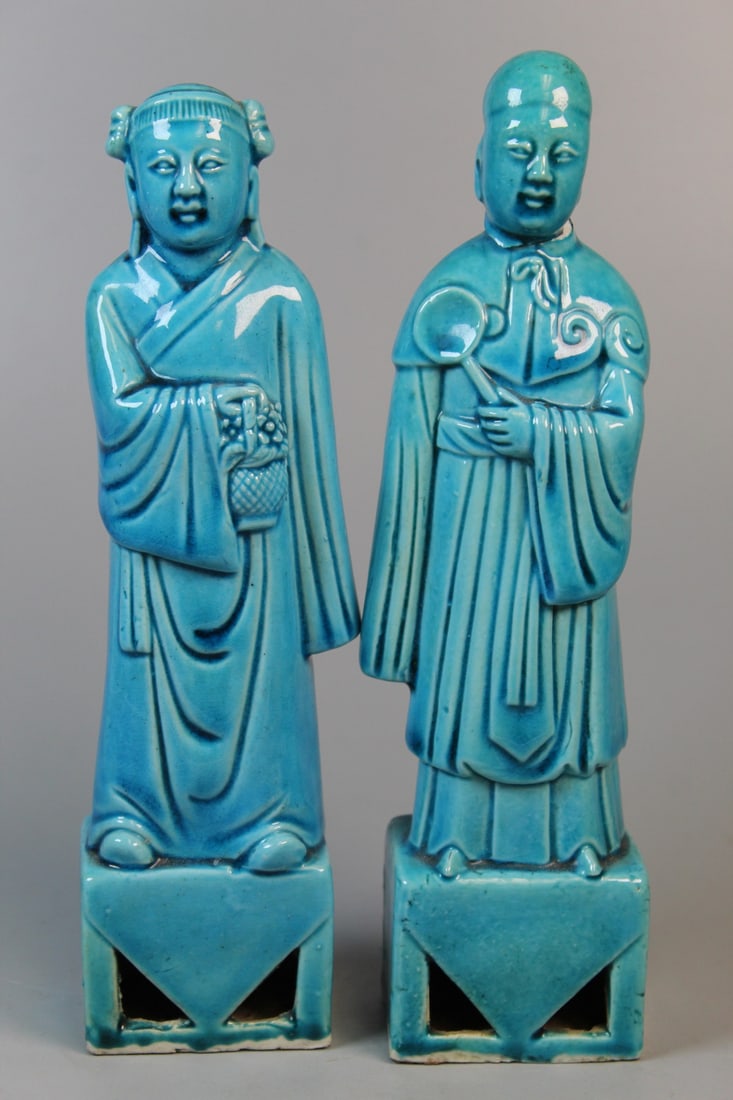 Two Chinese Turquoise Glazed Figures: Two Chinese Turquoise Glazed Figures. H 7.75". As Is.