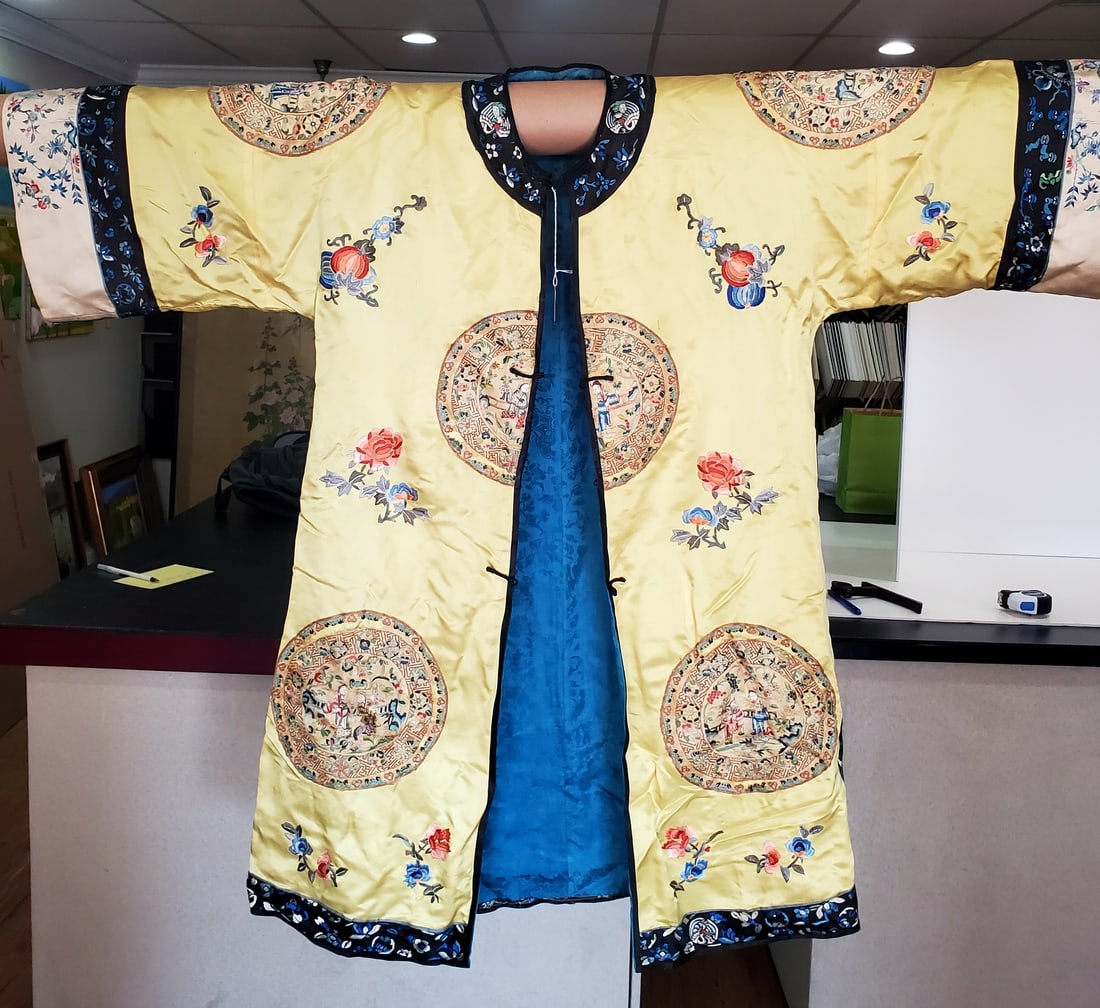 Chinese Yellow Ground Silk Embroidery Lady's Jacket: Chinese Yellow Ground Silk Embroidery Lady's Jacket. Sleeve to sleeve length 51". H 41".