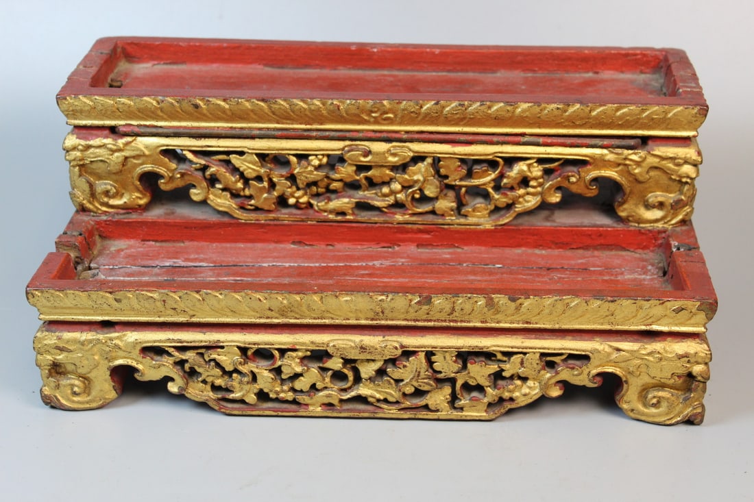 Chinese Gilt Wood Double Tier Stand: Chinese Gilt Wood Double Tier Stand. 12x5x6.25".