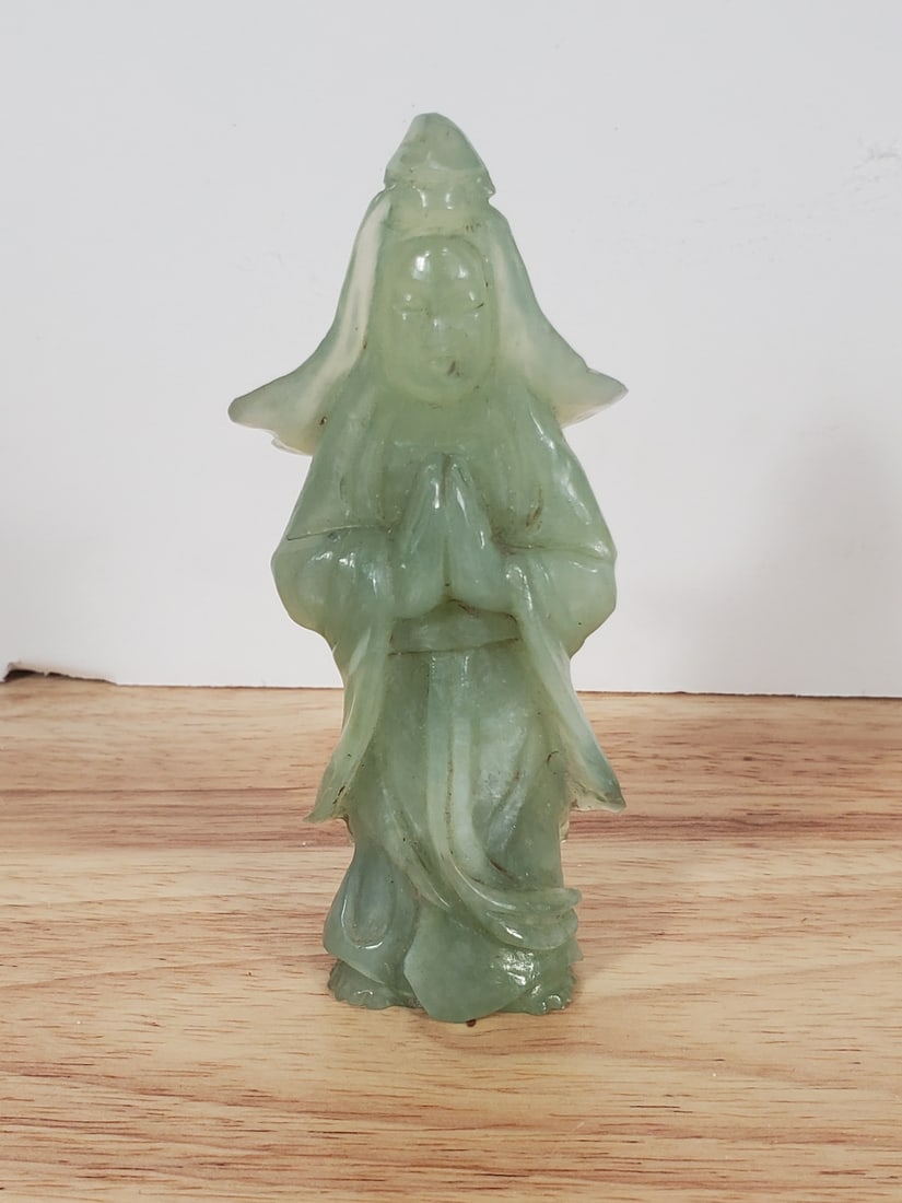 Chinese Carved Celadon Jade Guanyin Figure: Chinese Carved Celadon Jade Guanyin Figure. H 4.5"