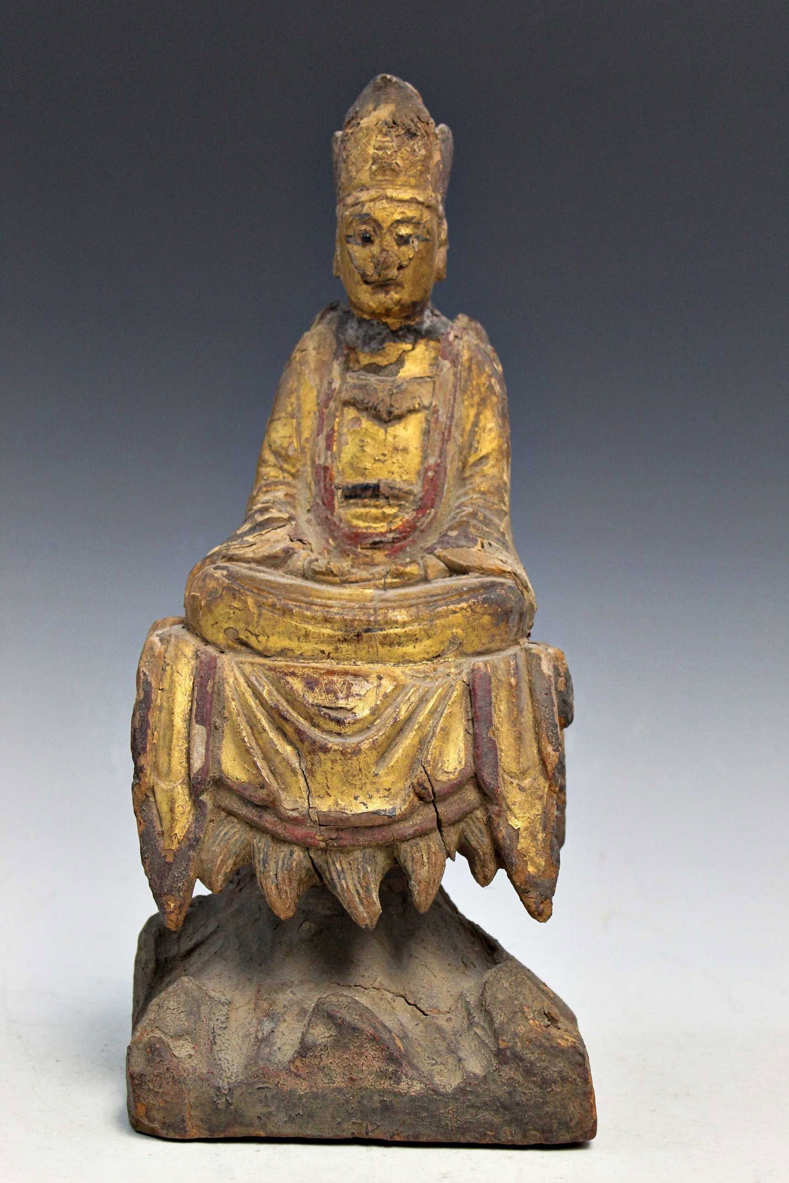 Chinese Gilt Wood Buddha Statue: Chinese Gilt Wood Buddha Statue. H 13", As Is
