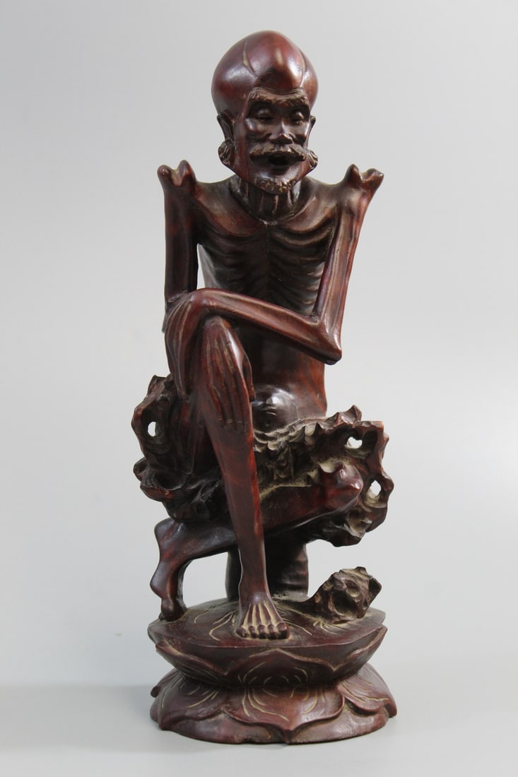 Chinese Carved Wood Skinny Lohan Statue: Chinese Carved Wood Skinny Lohan Statue. H 10.5".