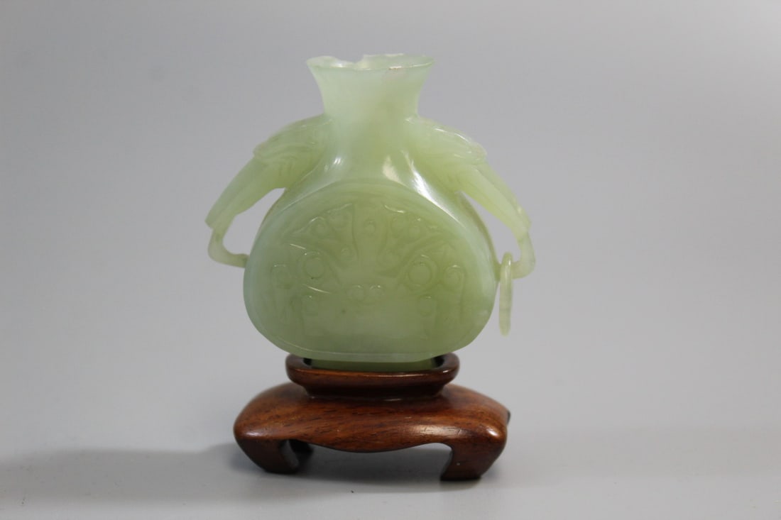 Chinese Carved Celadon Jade Miniature Vase: Chinese Carved Celadon Jade Miniature Vase. H 2.25". As Is.