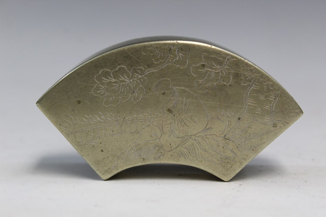 Chinese Baitong Fan-shaped Ink Box: Chinese Baitong Fan-shaped Ink Box. L 4".