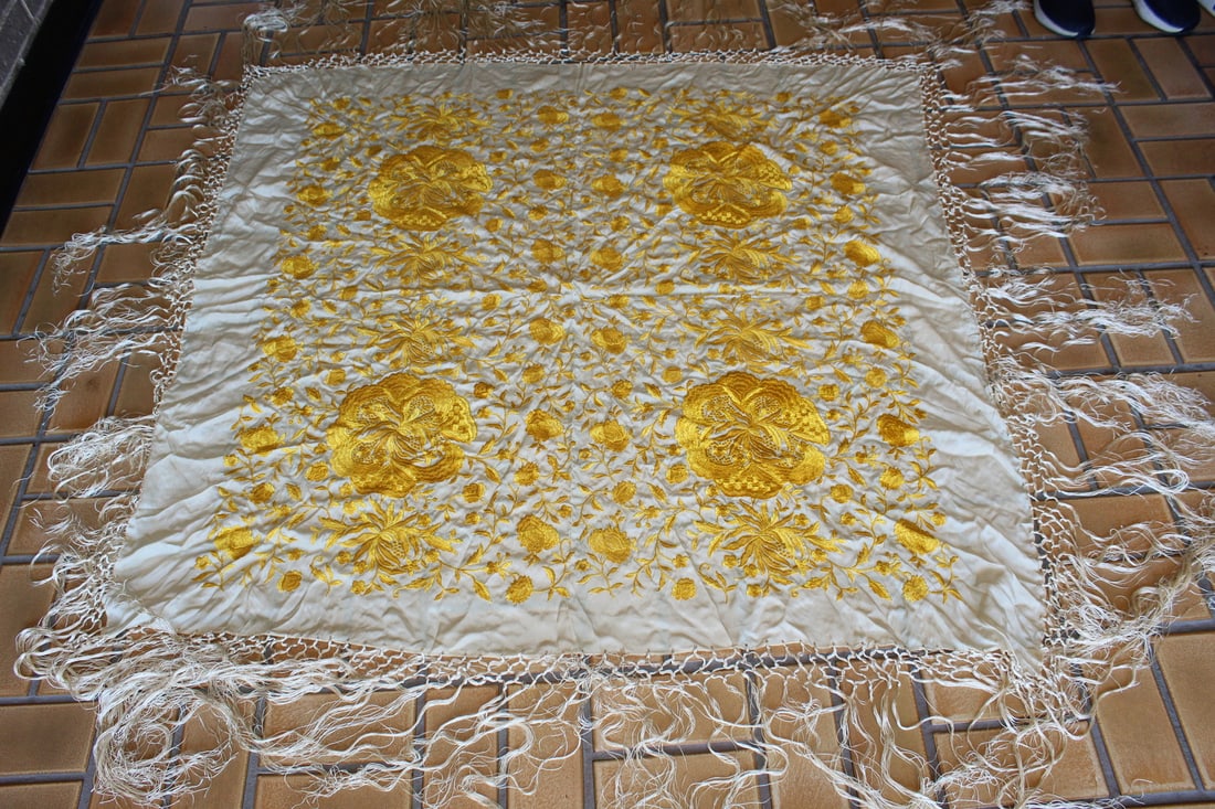 Yellow on White Ground Chinese Silk Embroidery Shawl: Yellow on White Ground Chinese Silk Embroidery Shawl. 75x75" tassel to tassel.