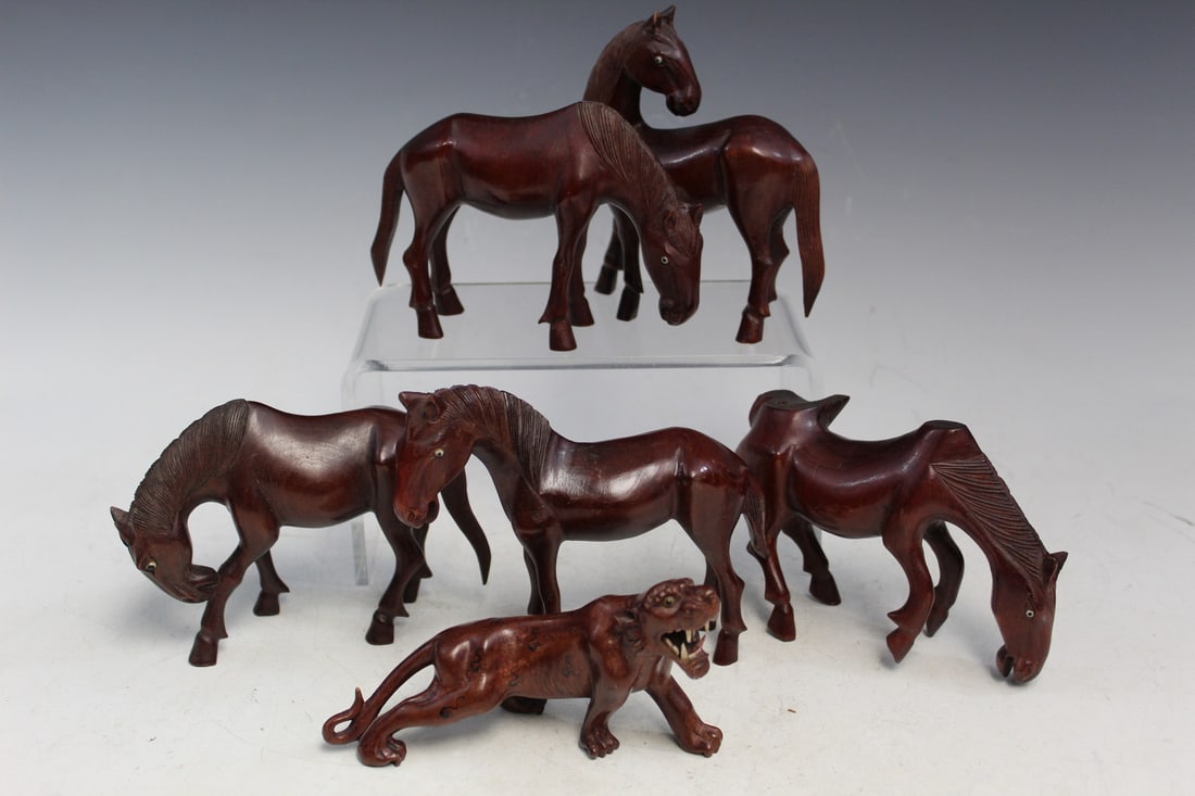 Five Chinese Wood Horse Figures: Five Chinese Wood Horse Figures. L 5.5".