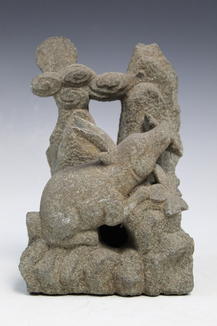 Chinese Caved Stone Statue of a Rabbit and Moon.: Chinese Caved Stone Statue of a Rabbit and Moon. H 5".