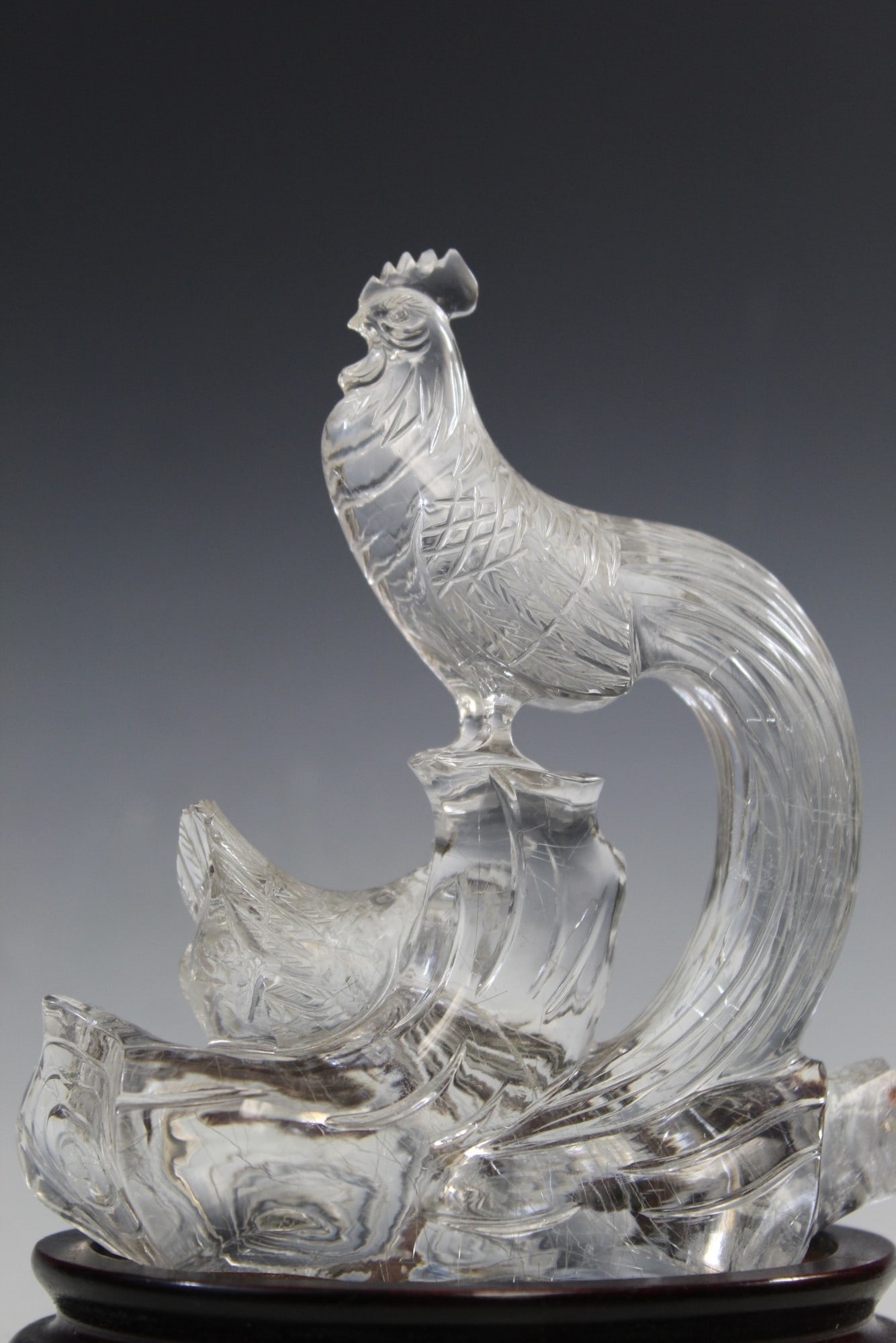 Chinese Carved Rock Crystal Figure of Rooster and Hen.: Chinese Carved Rock Crystal Figure of Rooster and Hen. H 6".