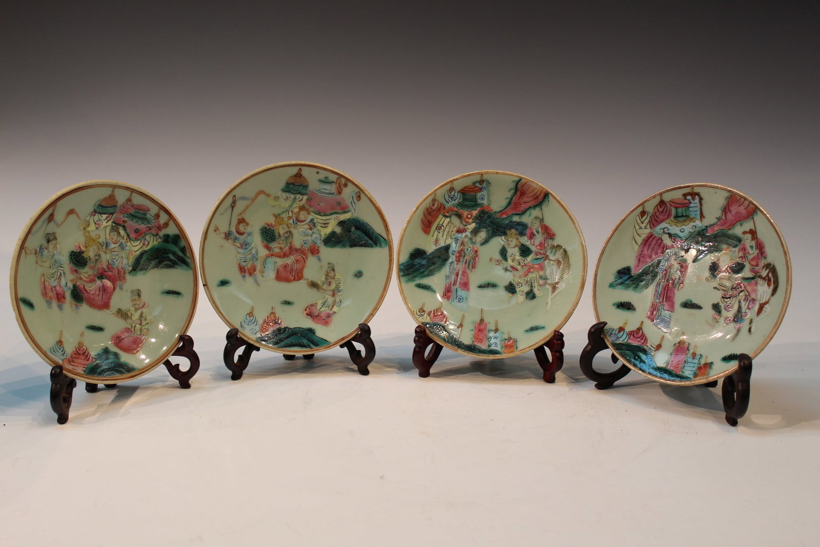 Set of Four Celadon Glazed Famille Rose Porcelain Dishes: Set of Four Celadon Glazed Famille Rose Porcelain Dishes. D 6"each.