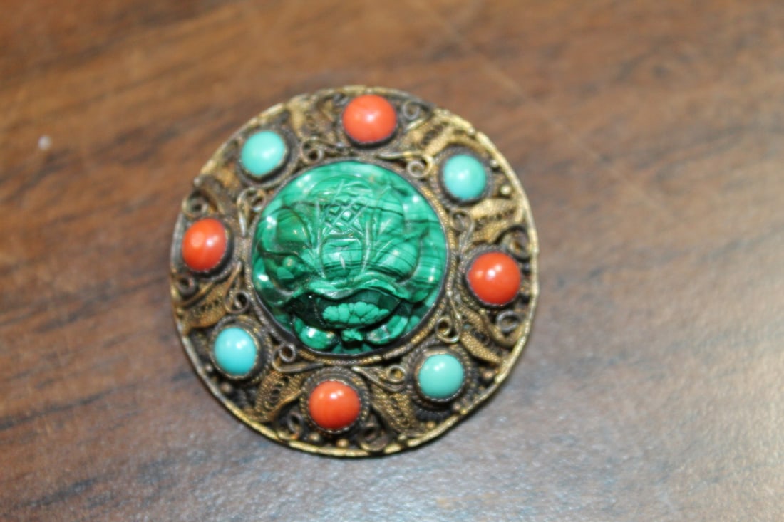 Brooch with turquoise and coral beads: Brooch with turquoise and coral beads. Diam 1".