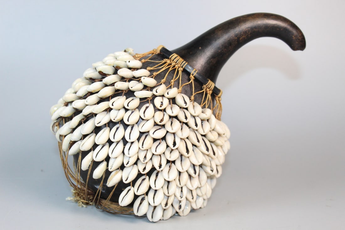 West African Shekere Cowire Shell Decorated Gourd Rattle. (1 of 6)