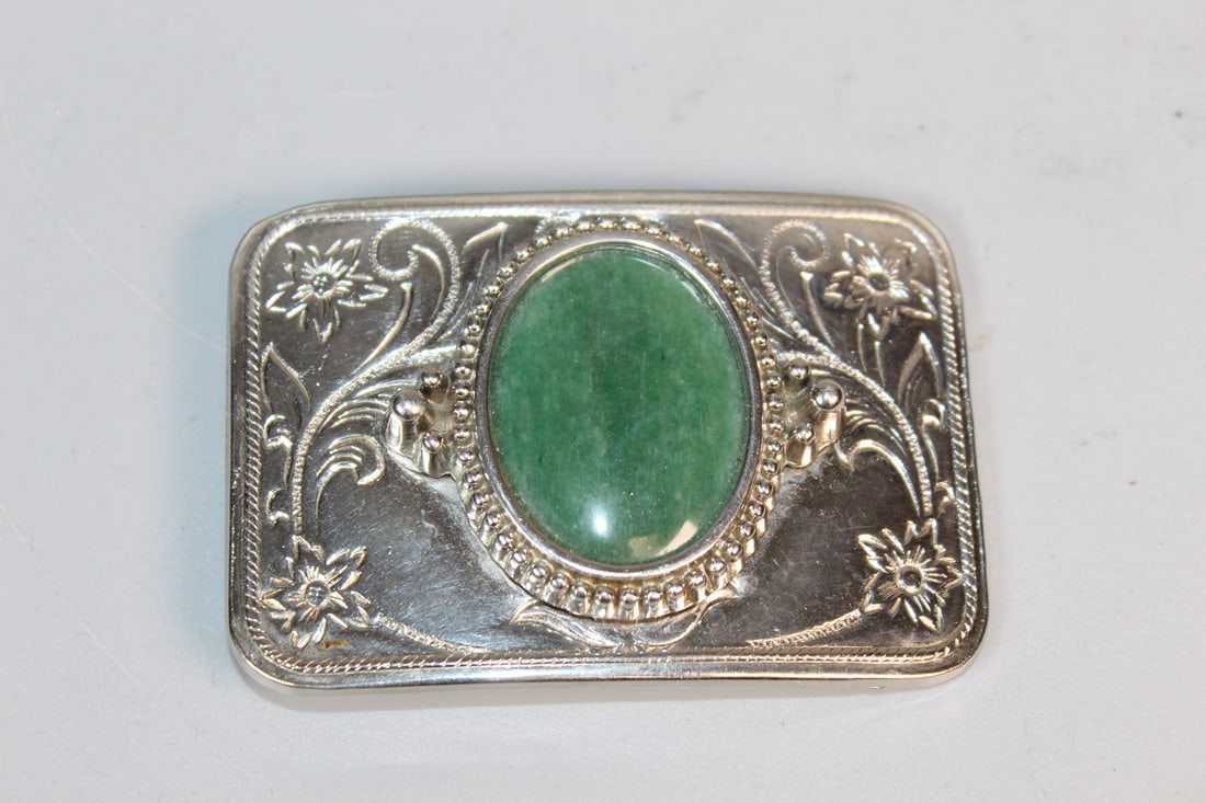 Belt Buckle with Jadeite Decoration: Belt Buckle with Jadeite Decoration. L 3.25".