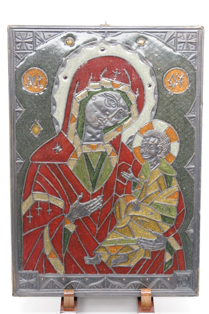 Enamel copper icon of Mother Mary and baby Jesus: Enamel copper icon of Mother Mary and baby Jesus. 9.5" x 13.5" x 1"