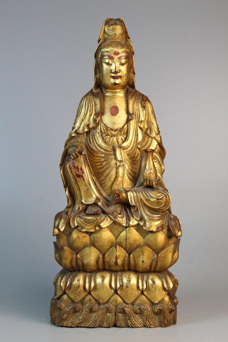 Chinese Gilt Carved Wood Guanyin Statue: Chinese Gilt Carved Wood Guanyin Statue. H 12.5".