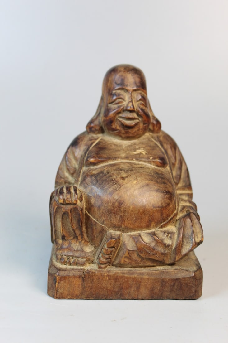 Japanese Carved Wood Laughing Buddha Statue: Japanese Carved Wood Laughing Buddha Statue. H 5".