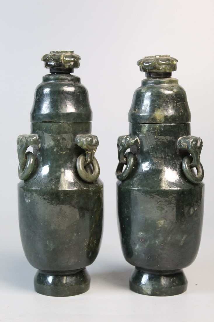 A Pair of Chinese Carved Spinach Jade Vases: A Pair of Chinese Carved Spinach Jade Vases. H 5.5".