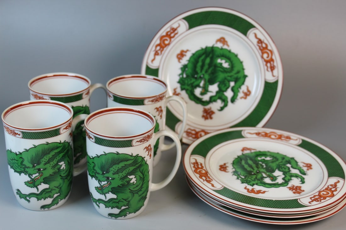 Fitz and Floyd Dragon Crest Green Plates and Cups.: Fitz and Floyd Dragon Crest Green Plates and Cups.. Diam 7.5". Cup H 4".