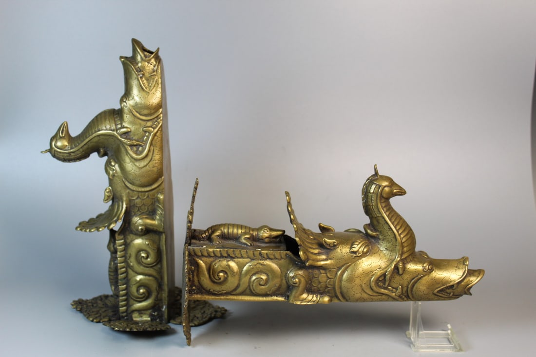 A Pair of Brass Nepalese Hiti Foutain Spouts: A Pair of Brass Nepalese Hiti Foutain Spouts. L 11".