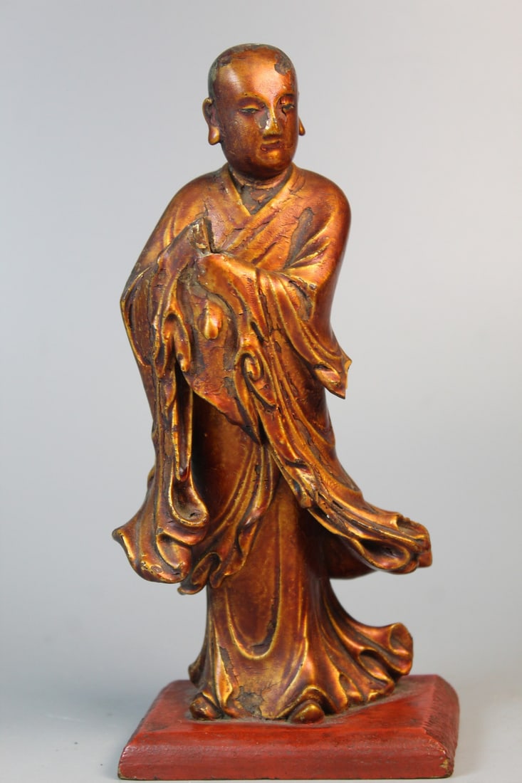 Antique Chinese Lacquered Wood Monk Statue: Antique Chinese Lacquered Wood Monk Statue. H 8.25".