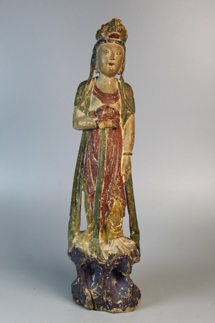 Chinese Polychrome Painted Wood Carving of Guanyin: Chinese Polychrome Painted Wood Carving of Guanyin. H 16.25".