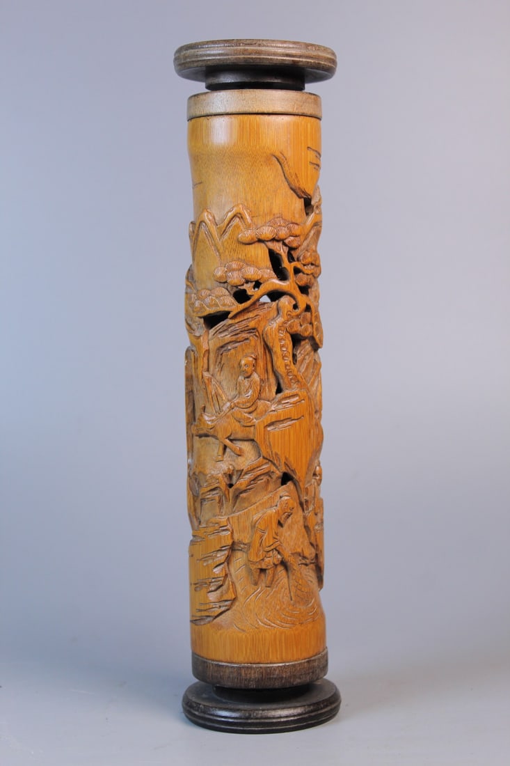 Chinese Carved Bamboo Incense Tube: Chinese Carved Bamboo Incense Tube. L 11.5". Diam