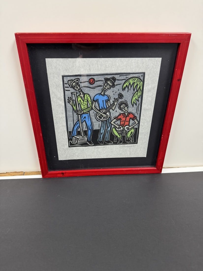 Harevalo "Calypso" signed limited edition wood cut print of musicians (1 of 3)