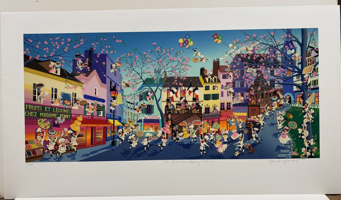 Melanie Taylor Kent "Great Paris Baking Festival" signed limited edition serigraph: Melanie Taylor Kent "Great Paris Baking Festival" signed limited edition serigraph . Paper size 25.5" x 46", has minor creases