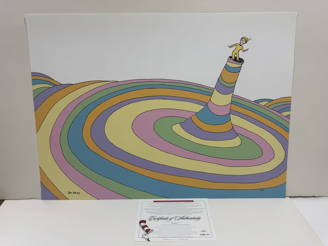 Dr Seuss "Oh The Places You'll Go" Cover Illustration: Dr Seuss "Oh The Places You'll Go" Cover Illustration. Paper size 36" x 26", has a couple of creases, As is