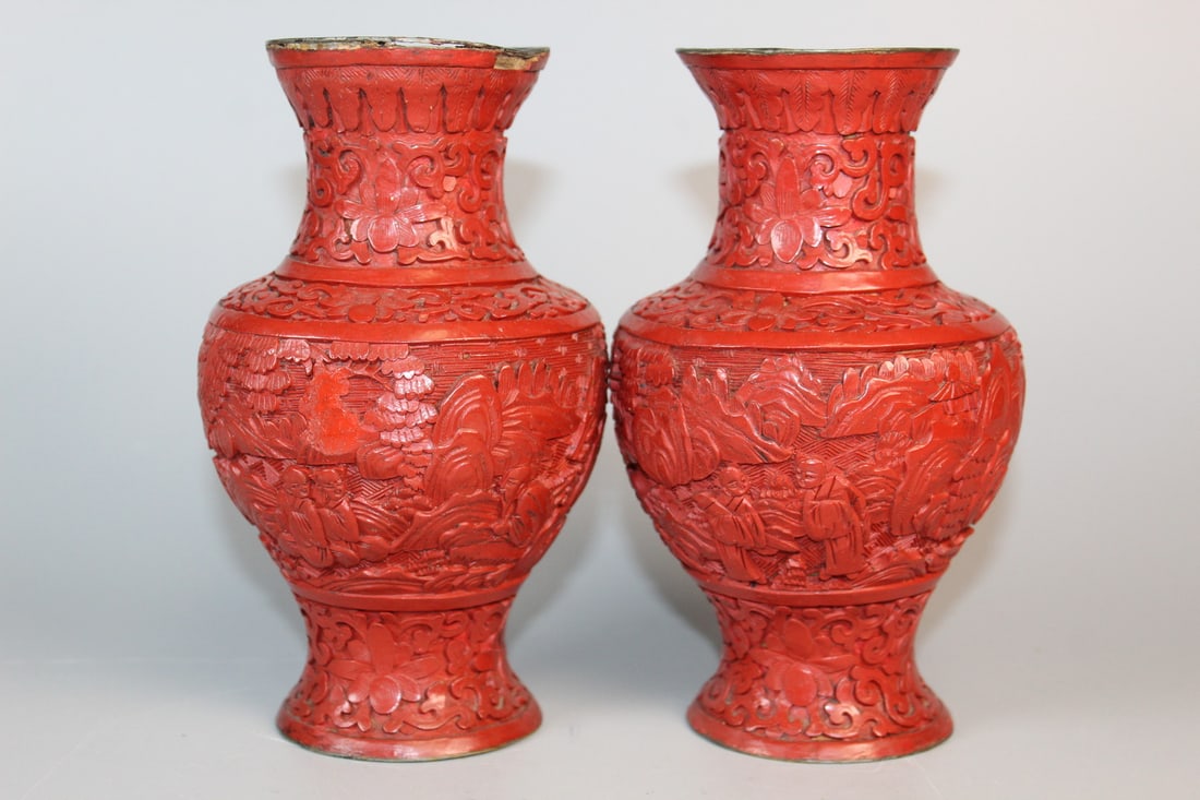 Pair of Chinese Carved Cinnabar Vases (1 of 9)