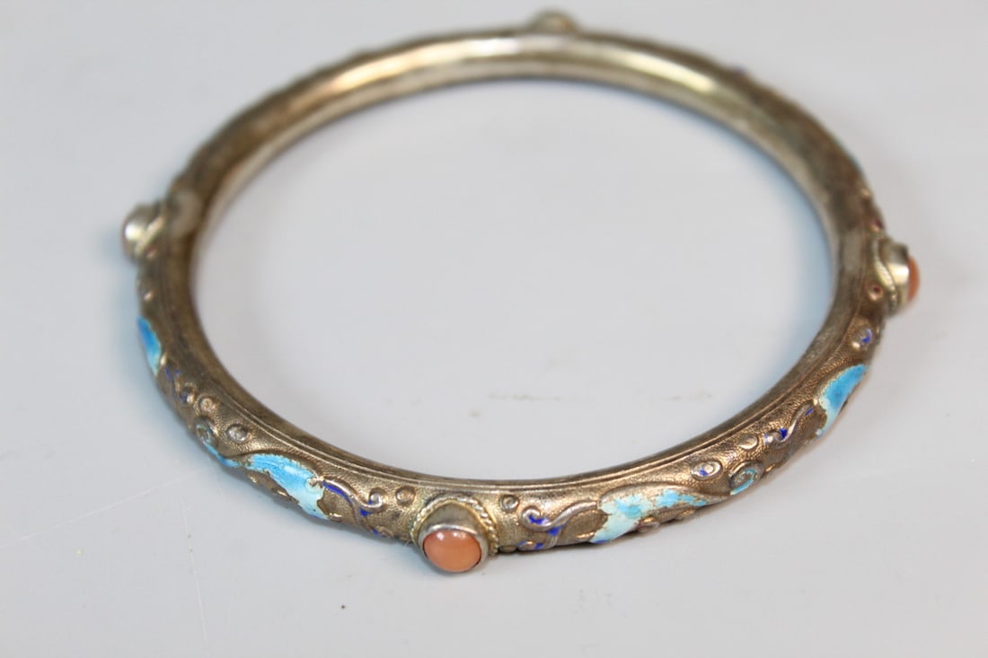 Chinese Enamel Silver Bangle: Chinese Enamel Silver Bangle. Inner Rim Diam 2.75".