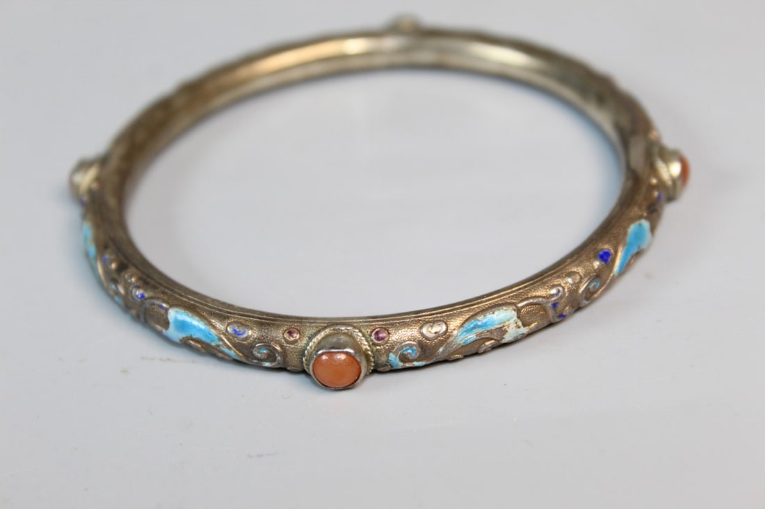 Chinese Enamel Silver Bangle - 2