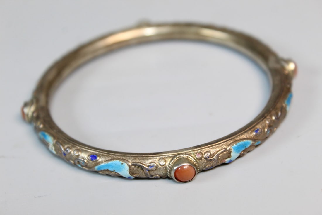 Chinese Enamel Silver Bangle - 3