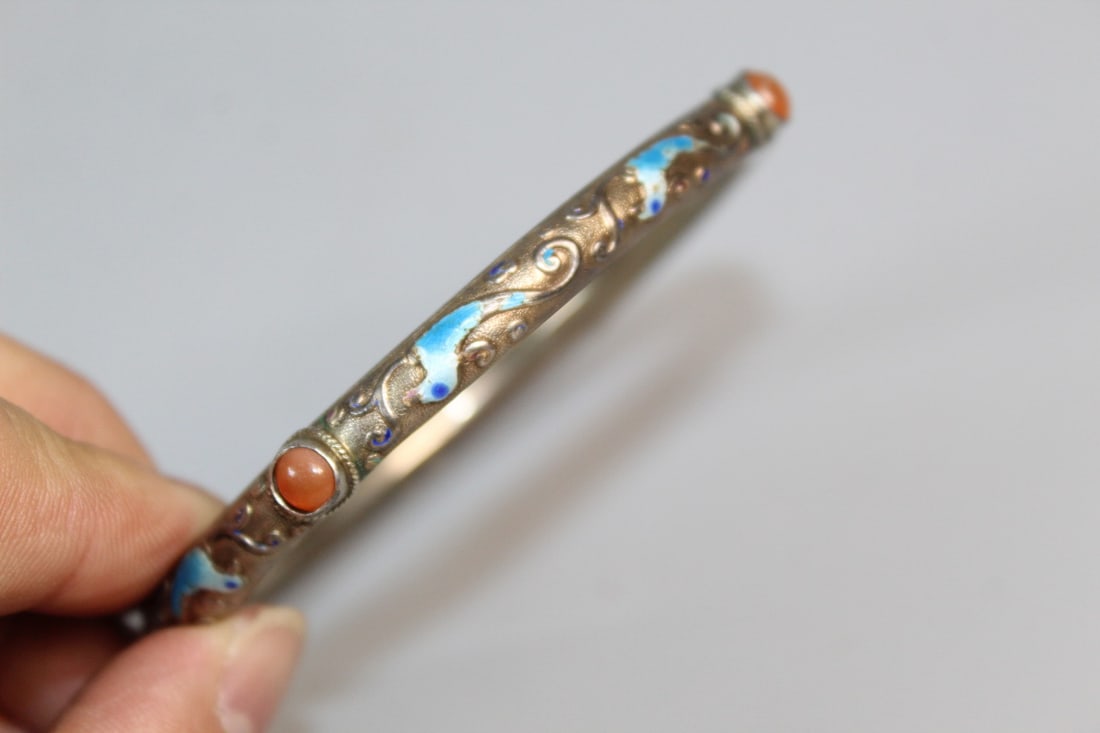 Chinese Enamel Silver Bangle - 4