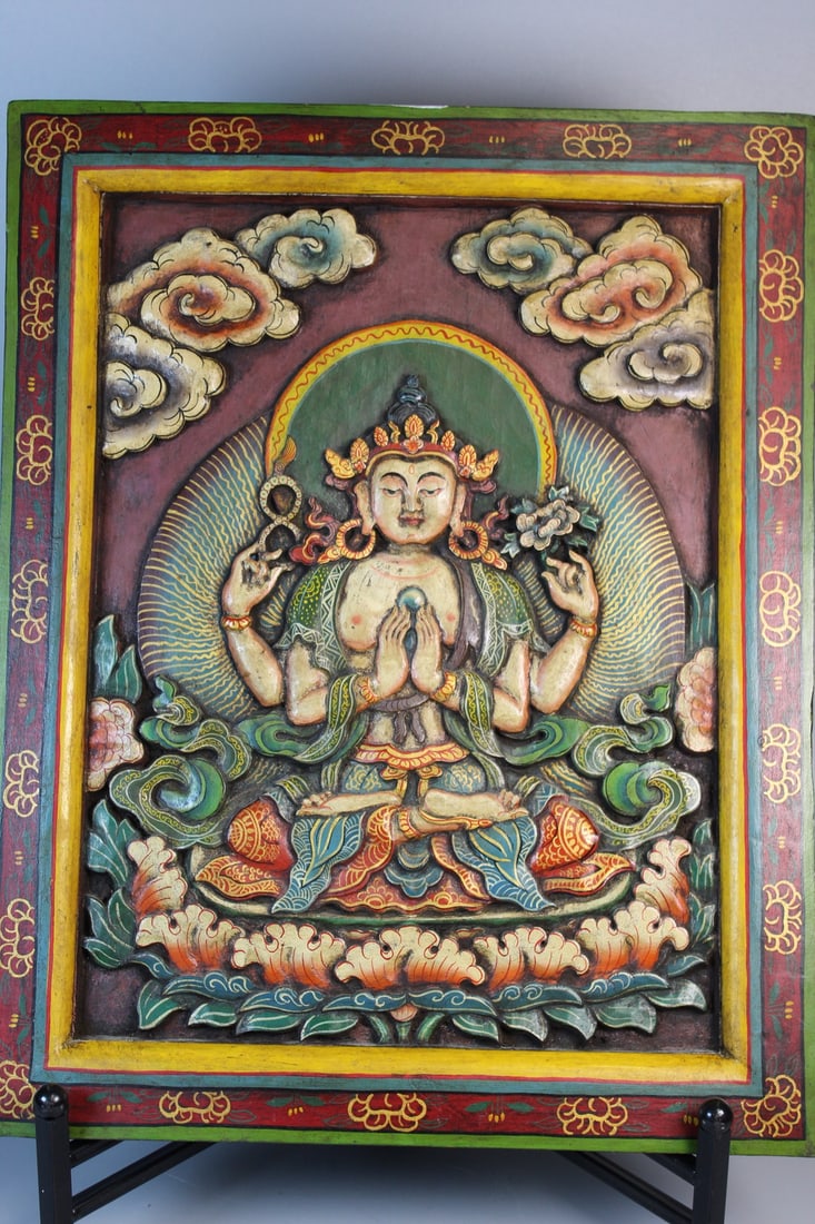 Tibetan Polychrome Painted Carved Wood Buddha Panel: Tibetan Polychrome Painted Carved Wood Buddha Panel. 17x13x1"