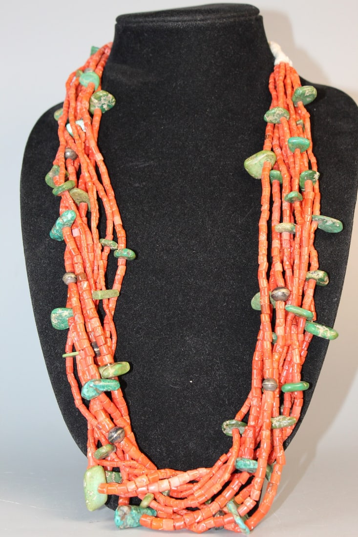 Red Coral and Turquoise Beads Necklace: Red Coral and Turquoise Beads Necklace. L 30".