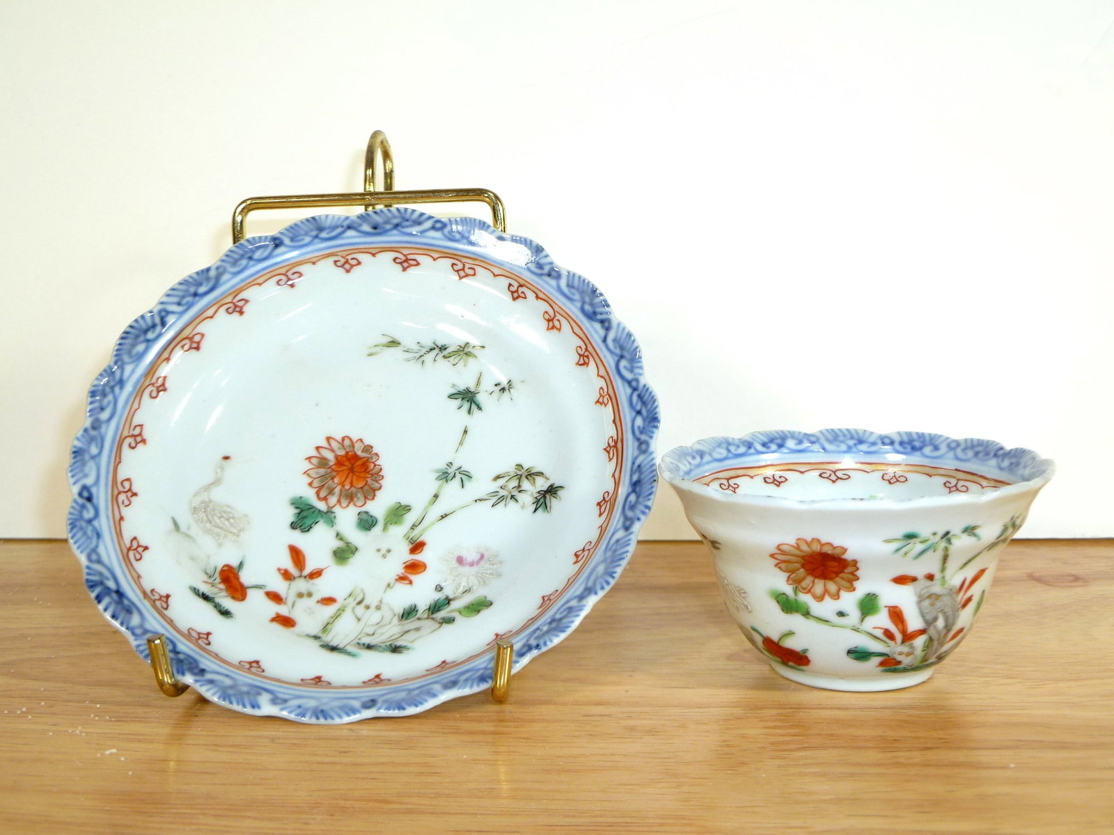 Chinese Export Famille Rose Blue and White Porcelain Cup and Saucer: Chinese Export Famille Rose Blue and White Porcelain Cup and Saucer. Saucer diam 4.5". Cup H 1.5". 18th Century.