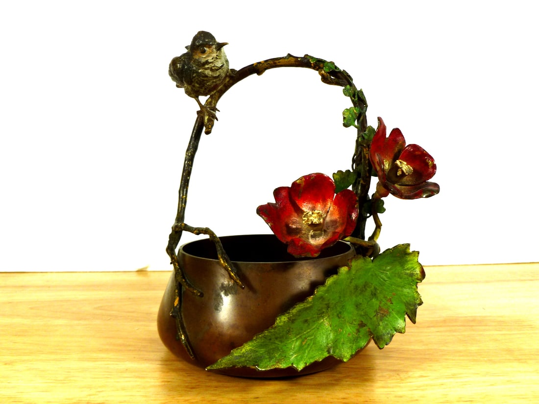 Antique Bronze Flower Basket: Antique Bronze Flower Basket. H 6.5". Diam 4.5"