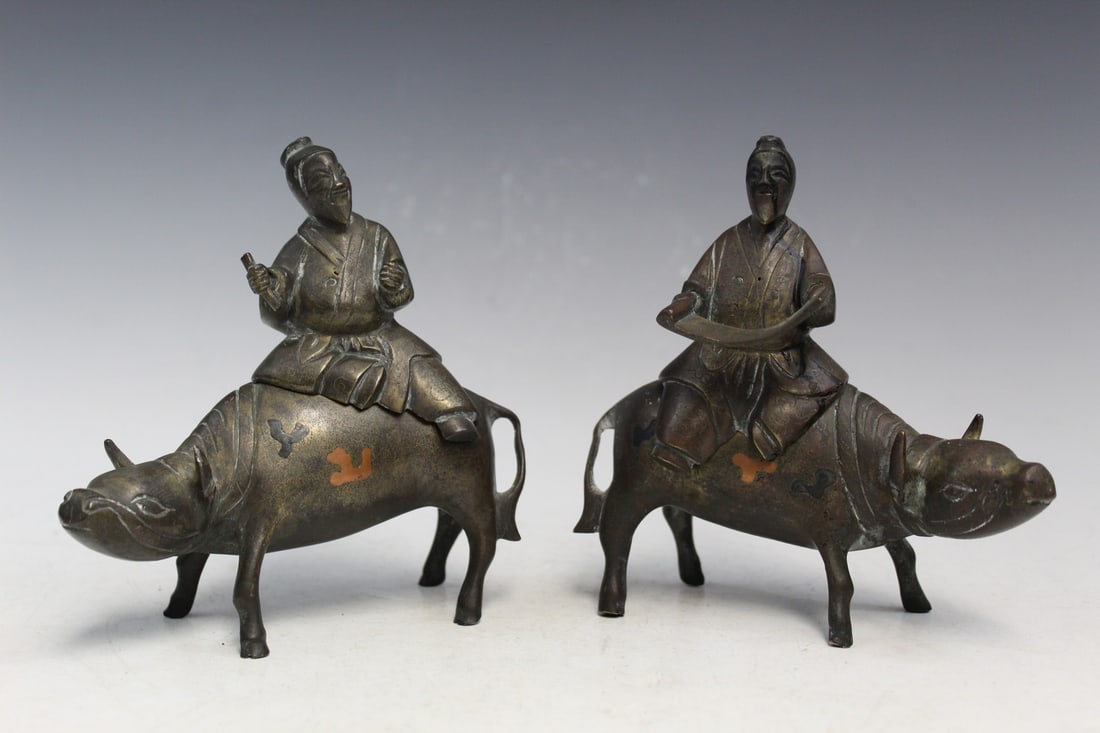 Two Chinese Bronze Incense Burners Old Men Riding Buffaloes (1 of 8)