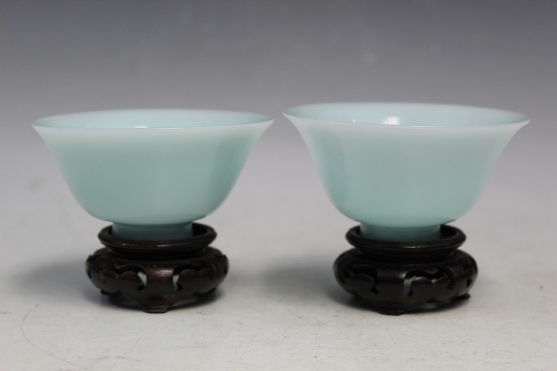 Pair of Chinese Celadon Peking Glass Cups: Pair of Chinese Celadon Peking Glass Cups. Diam 9 cm.