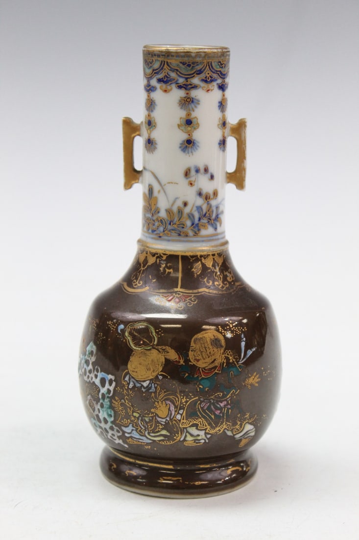 Japanese Gold Gilt Brown Glazed Porcelain Vase: Japanese Gold Gilt Brown Glazed Porcelain Vase. With Children at Play Decorations. H 15 cm