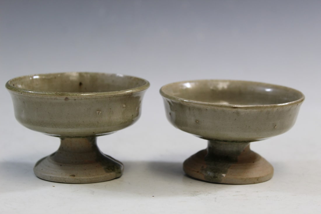 Pair of Chinese Celadon Glazed Stem Cup: Pair of Chinese Celadon Glazed Stem Cup. Diam 9 cm, H 6 cm. As Is.