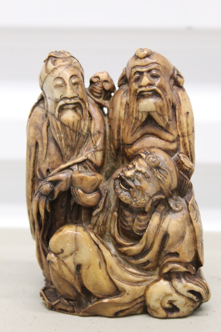 Chinese carved soapstone immortals: Chinese carved soapstone immortals. H 12 cm. As Is.
