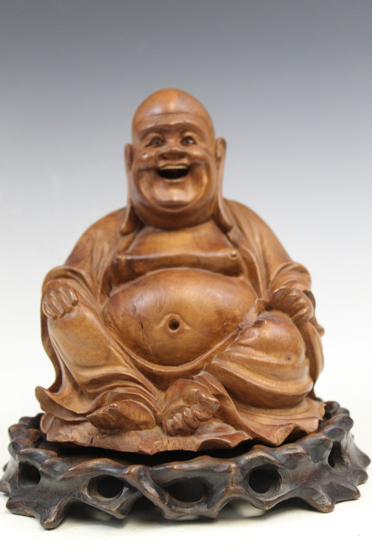 Chinese Carved Huangyangmu Wood Laughing Buddha Statue (1 of 6)